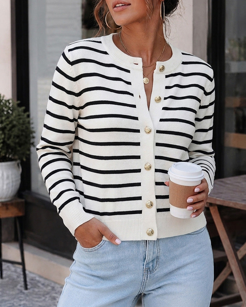 Women's Striped Knit Cardigan Casual Crewneck Button Down Sweater Vintage French Style Long Sleeve Top