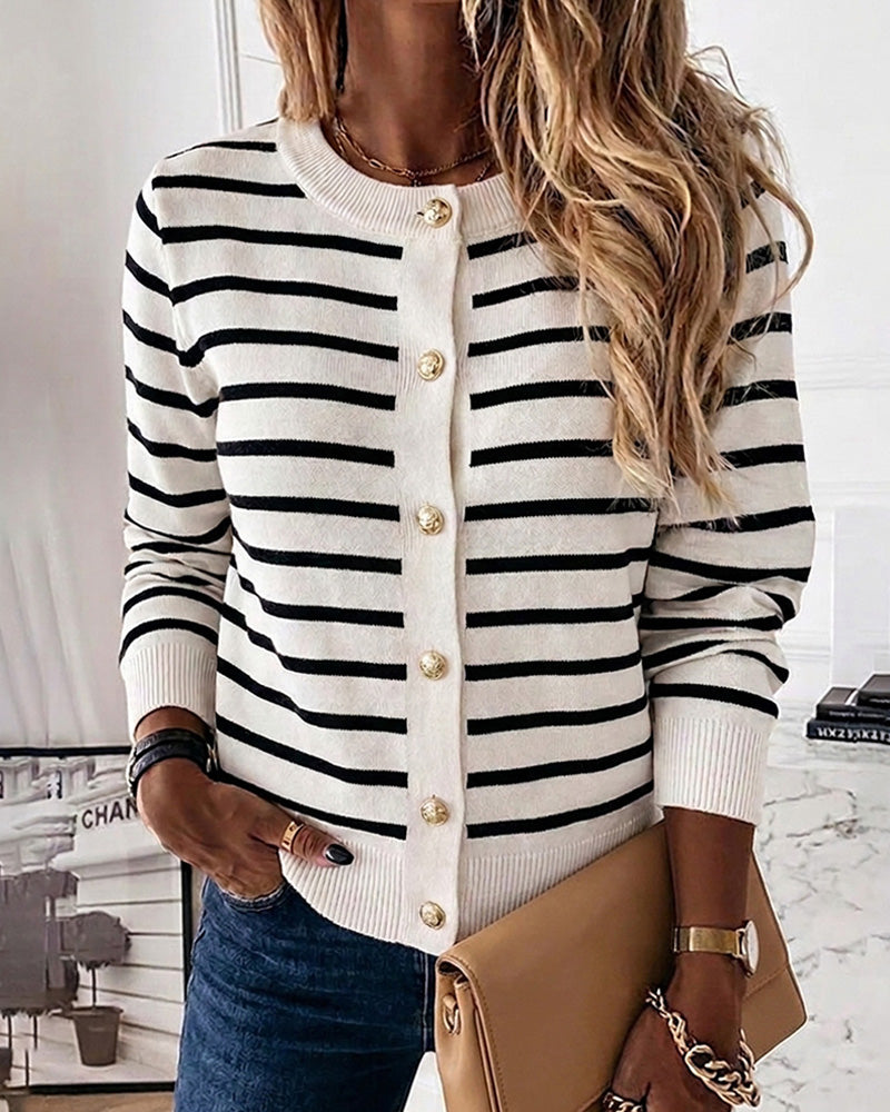 Women's Striped Knit Cardigan Casual Crewneck Button Down Sweater Vintage French Style Long Sleeve Top