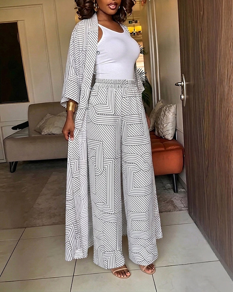 Women's Geometric Print 2 Piece Outfits Batwing Sleeve Loose Longline Coat and High Waisted Wide Leg Pants Set