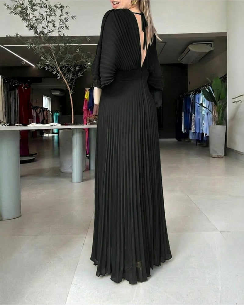 Deep V-Neck Batwing Sleeve High Waist Pleated Maxi Dress Casual Cinched Waist Backless Tied Detail Zipper Back Evening Dress