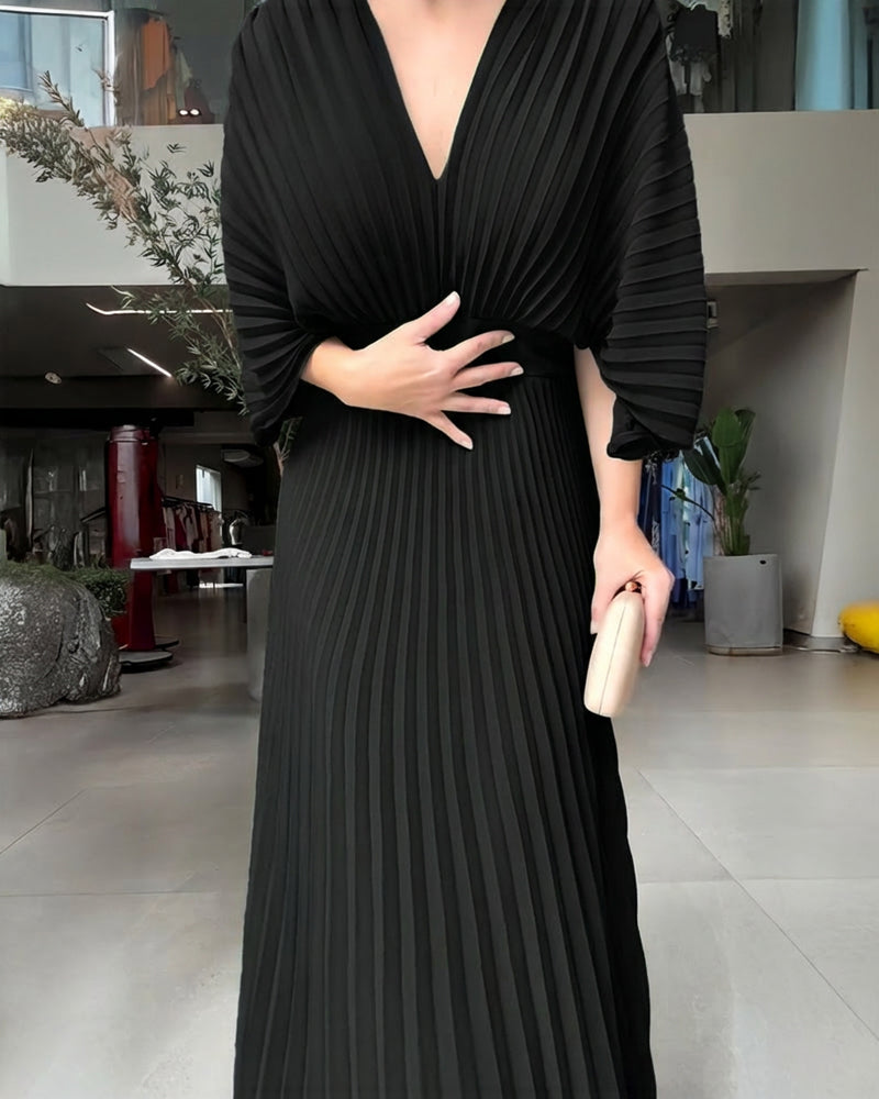 Deep V-Neck Batwing Sleeve High Waist Pleated Maxi Dress Casual Cinched Waist Backless Tied Detail Zipper Back Evening Dress