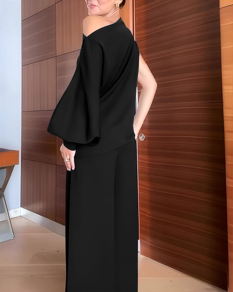 2 Pieces Outfit Skew Neck Asymmetrical Lantern Sleeve Side Slit Top and Casual Button & Zipper Side Pleated Wide Leg Pants Set