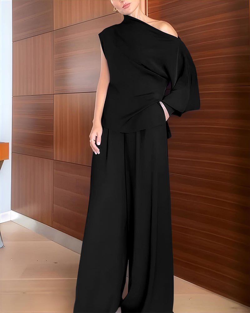 2 Pieces Outfit Skew Neck Asymmetrical Lantern Sleeve Side Slit Top and Casual Button & Zipper Side Pleated Wide Leg Pants Set