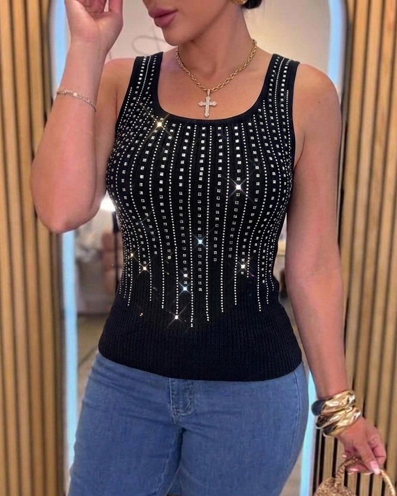 Rhinestone Decor U-Neck Sleeveless Tee Slim Fit Backless Ribbed Tank Top