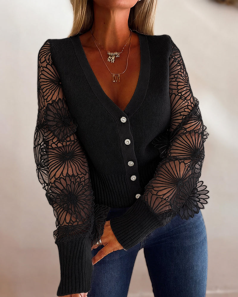 Women's Mesh Long Sleeve Cardigan Embroidered V Neck Knit Sweater Rhinestone Button Ribbed Slim Fit Casual Coat