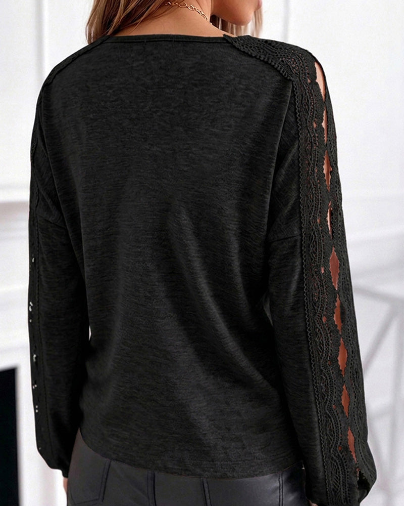 Women's Lace Patchwork V-Neck Top Hollow Out Drop Shoulder Long Sleeve Knit Pullover Elegant Loose Fit Casual Tee