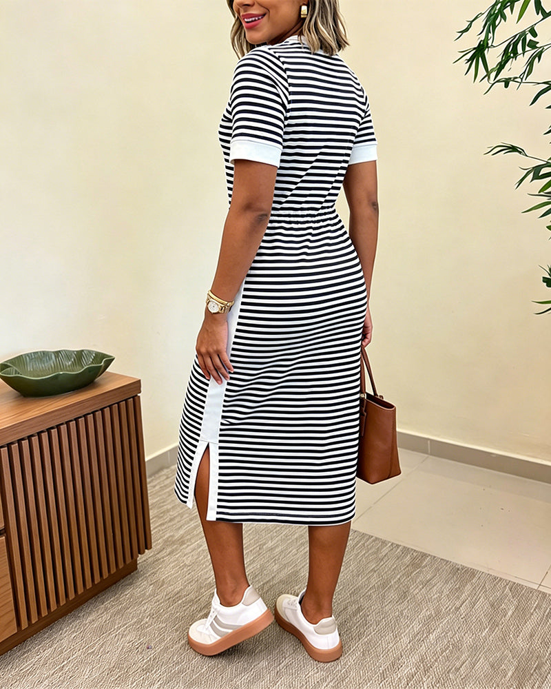 CHICME ESSENCE Women's Striped Colorblock Midi T-Shirt Dress Casual Crew Neck Waist-Cinching Slit Dress with Pockets