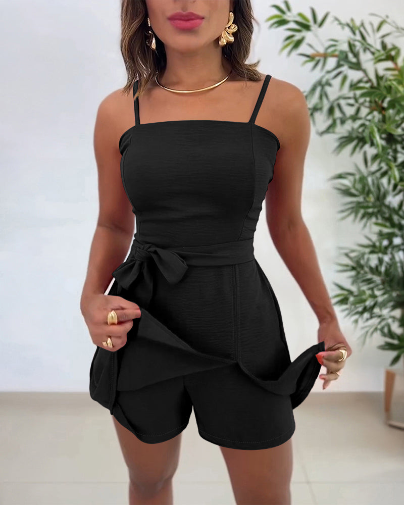 Square Neck Adjustable Spaghetti Straps Shirred Back Side Slit Romper Casual Cinched Waist Cami Skorts Romper with Belt
