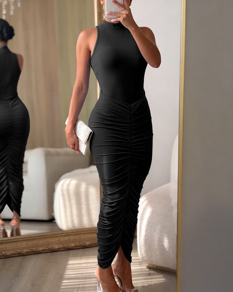 Women's Mock Neck Sleeveless Ruched Bodycon Dress Sexy Racerback Slit Slim Fit Party Dress