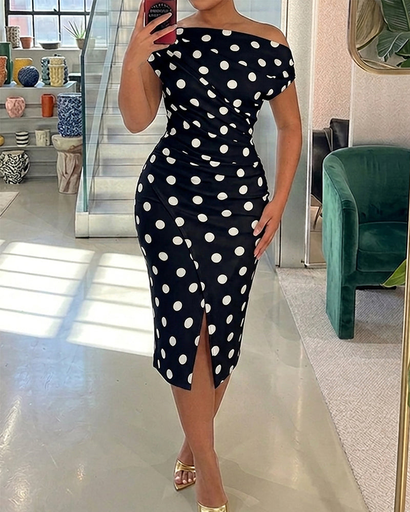 Polka Dot Print Skew Neck Ruched Mid-length Dress Elegant Wrapped Slit Dress