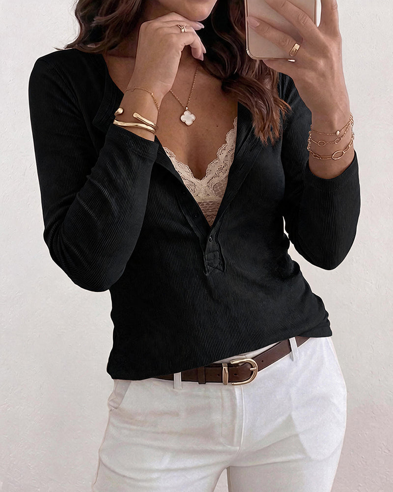 Women's Ribbed Henley Long Sleeve Top Slim Fit Base Layer Tee