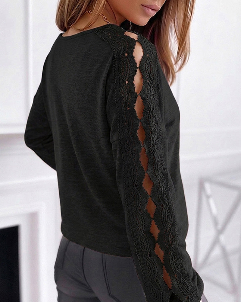 Women's Lace Patchwork V-Neck Top Hollow Out Drop Shoulder Long Sleeve Knit Pullover Elegant Loose Fit Casual Tee