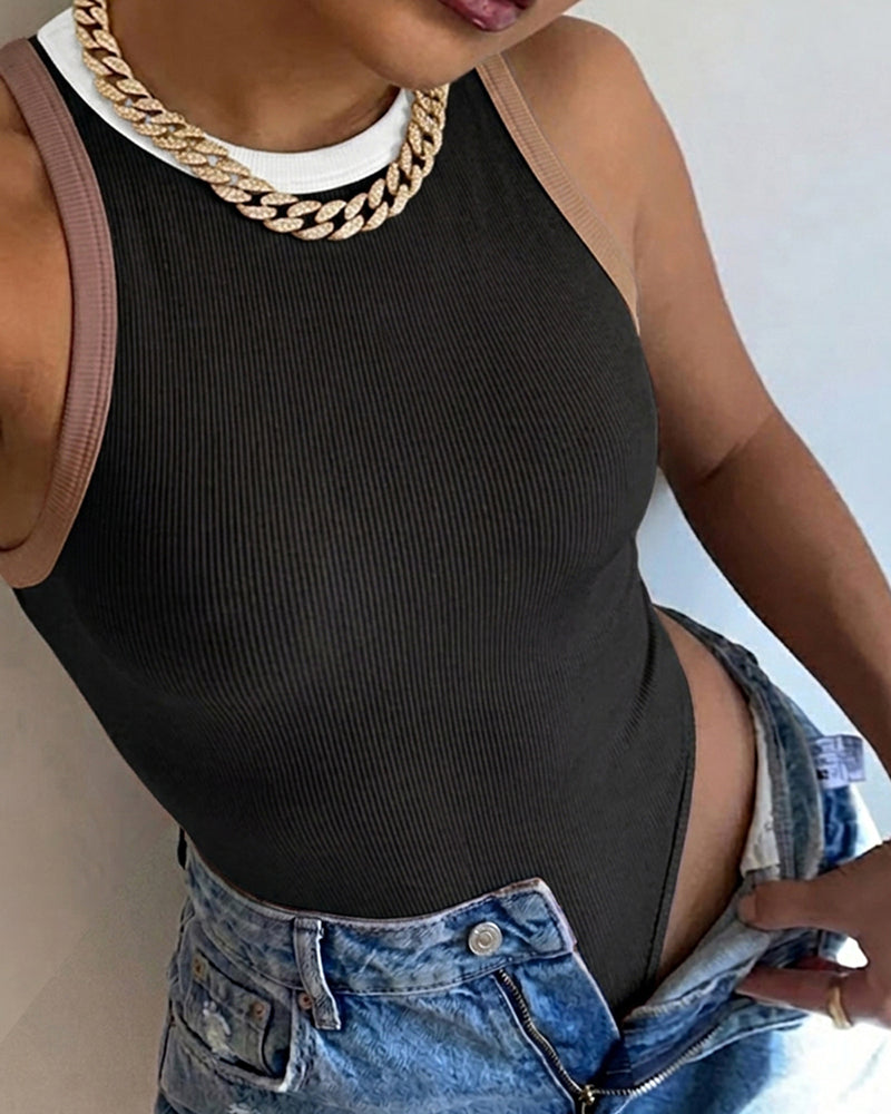 Women's Macaron Contrast Binding Bodysuit Ribbed Knit Sleeveless Slim Fit Bodysuit