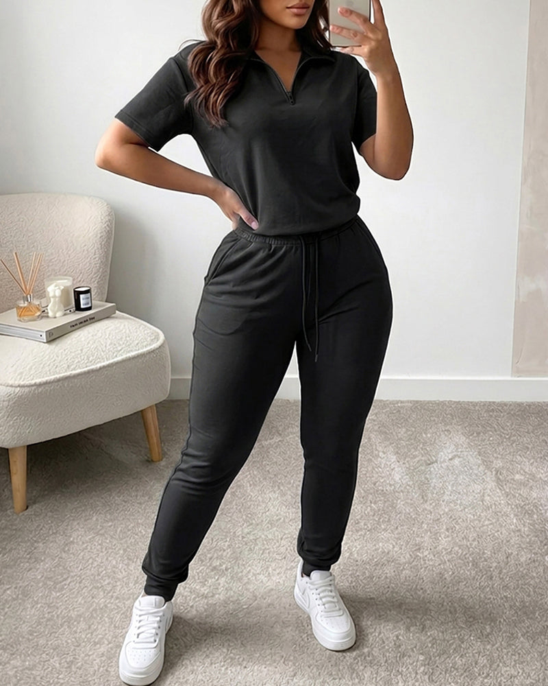 Women's 2-Piece Sporty Set Short Sleeve Half Zip Top and High Waisted Joggers Casual Lounge Outfit with Pockets