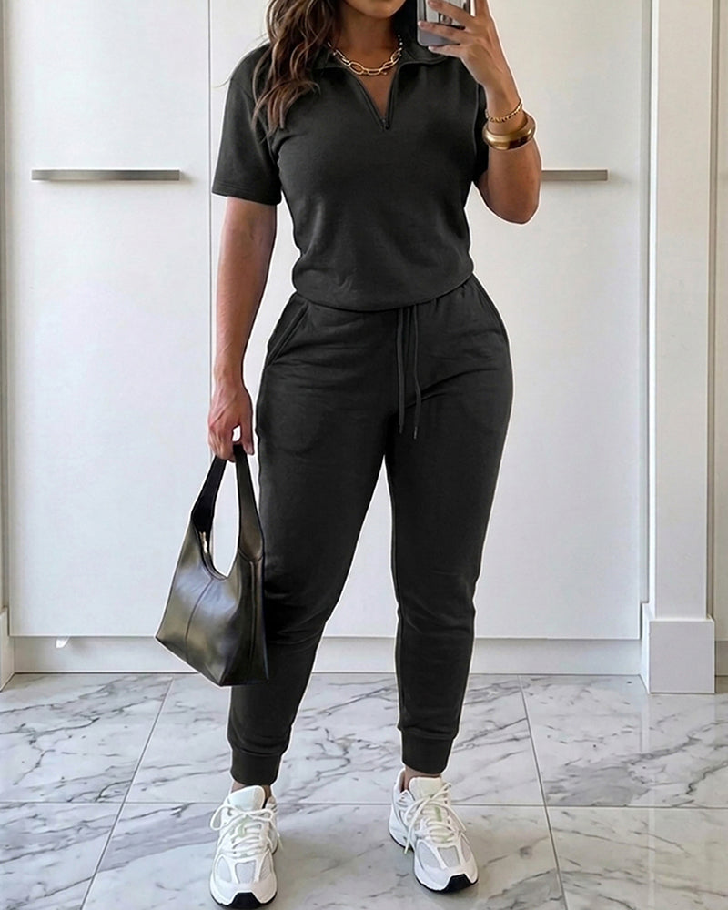 Women's 2-Piece Sporty Set Short Sleeve Half Zip Top and High Waisted Joggers Casual Lounge Outfit with Pockets