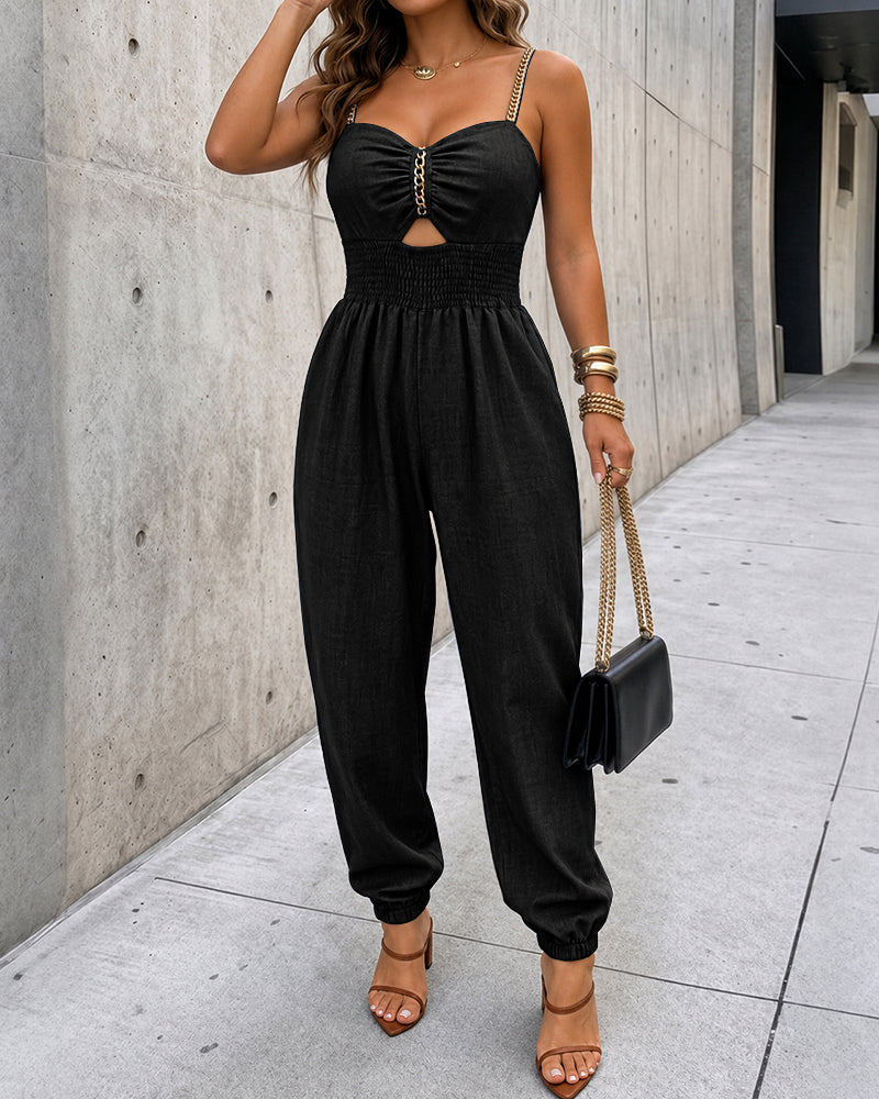 Women's Chain Decor Straps Jumpsuit Hollow Out Shirred Waist Overalls Casual Jogger Jumpsuit with Pockets