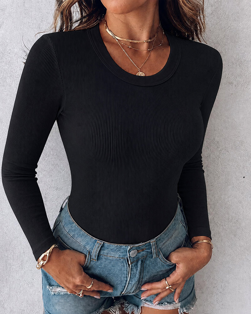 Women's Crewneck Long Sleeve Ribbed Knit Top Slim Fit Base Layer Shirt Soft Stretchy Casual Tee with Built-in Bra