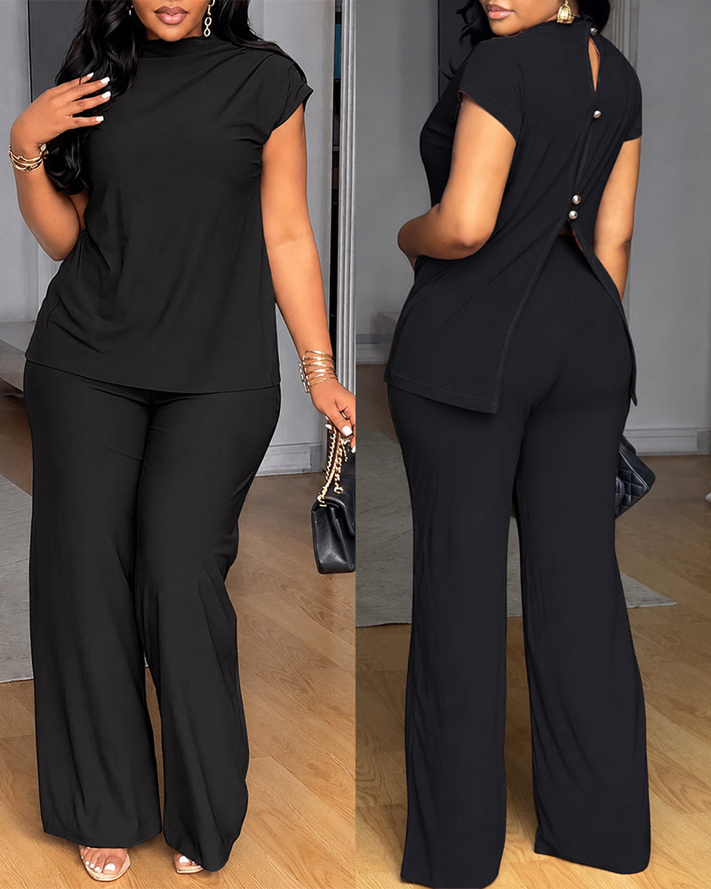 Women's 2 Piece Set Mock Neck Ruched Open Back Button Slit Top and Wide Leg Pants Casual Outfits with Pockets