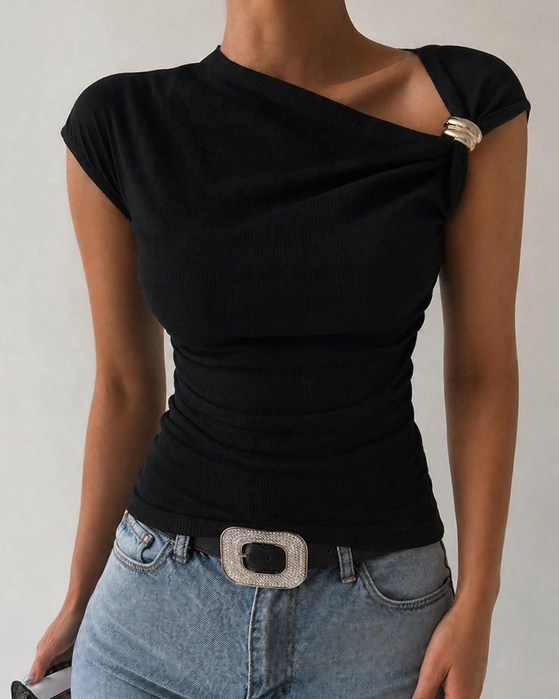 CHICME Women's Skew Neck Ruched Top Asymmetric Neckline Short Sleeve Knit Blouse with Gold Buckle Detail