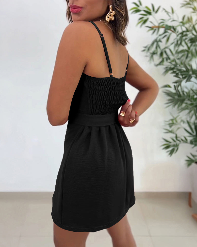 Square Neck Adjustable Spaghetti Straps Shirred Back Side Slit Romper Casual Cinched Waist Cami Skorts Romper with Belt