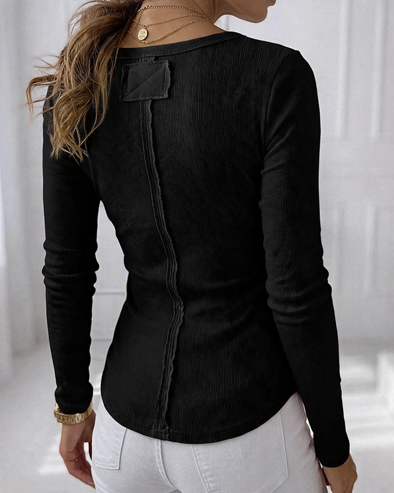 Women's Ribbed Henley Long Sleeve Top Slim Fit Base Layer Tee
