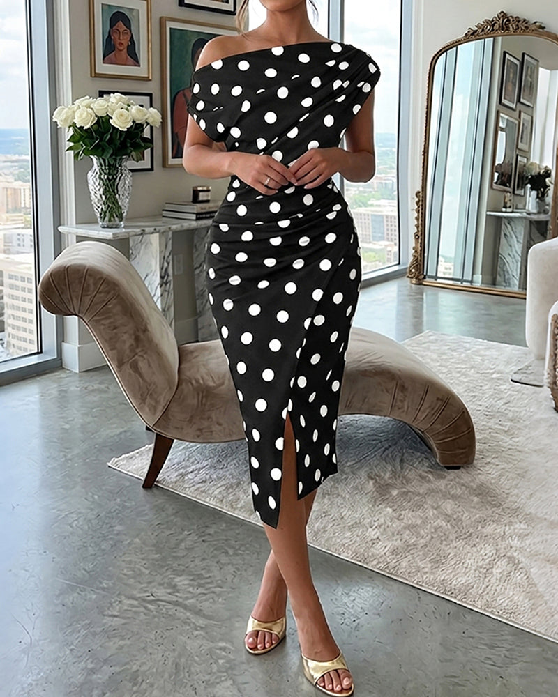 Polka Dot Print Skew Neck Ruched Mid-length Dress Elegant Wrapped Slit Dress