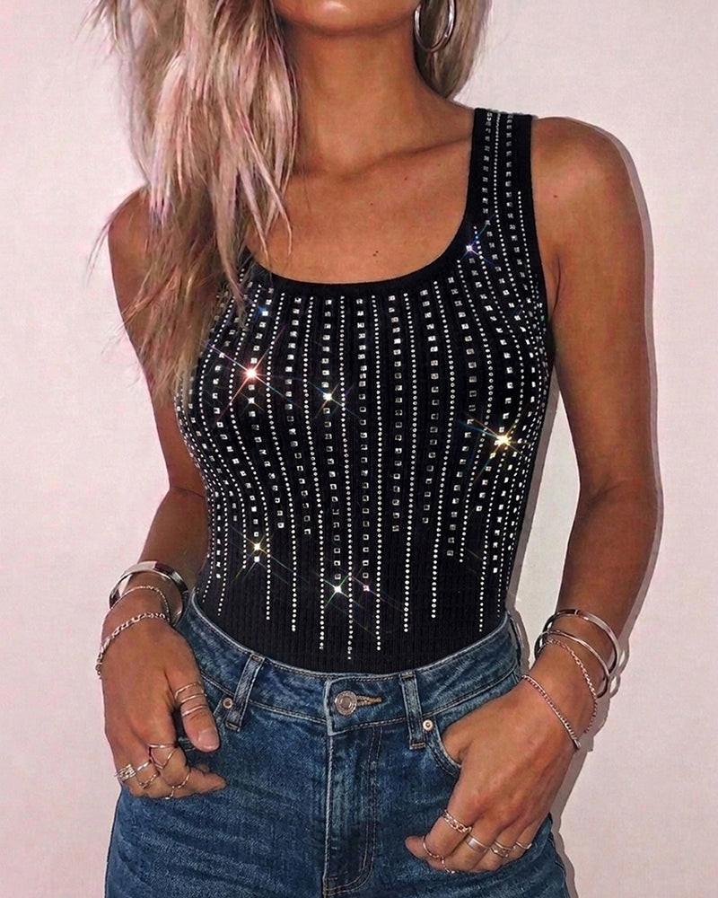 Rhinestone Decor U-Neck Sleeveless Tee Slim Fit Backless Ribbed Tank Top