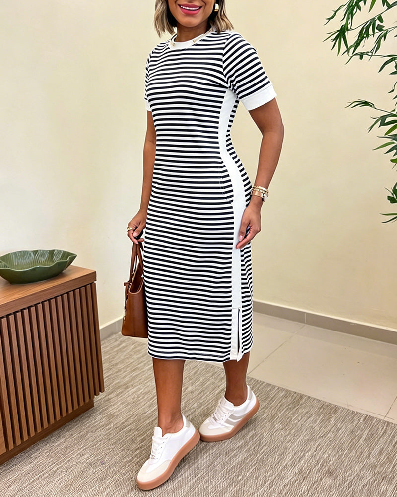 CHICME ESSENCE Women's Striped Colorblock Midi T-Shirt Dress Casual Crew Neck Waist-Cinching Slit Dress with Pockets