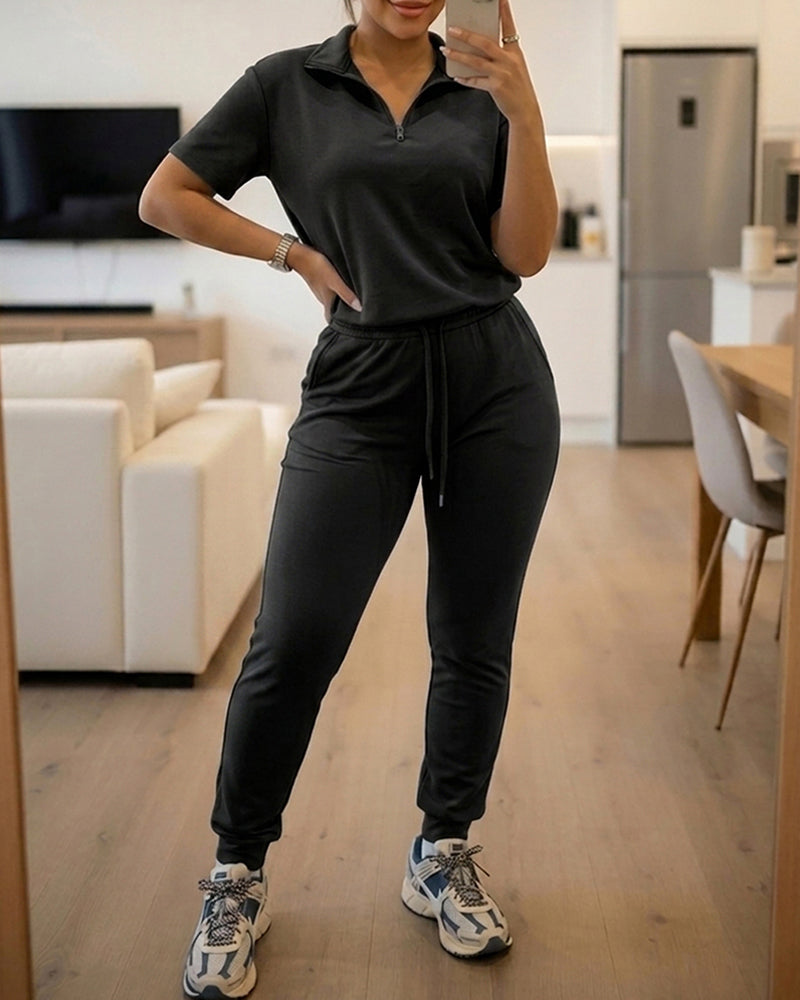 Women's 2-Piece Sporty Set Short Sleeve Half Zip Top and High Waisted Joggers Casual Lounge Outfit with Pockets