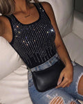 Rhinestone Decor U-Neck Sleeveless Tee Slim Fit Backless Ribbed Tank Top