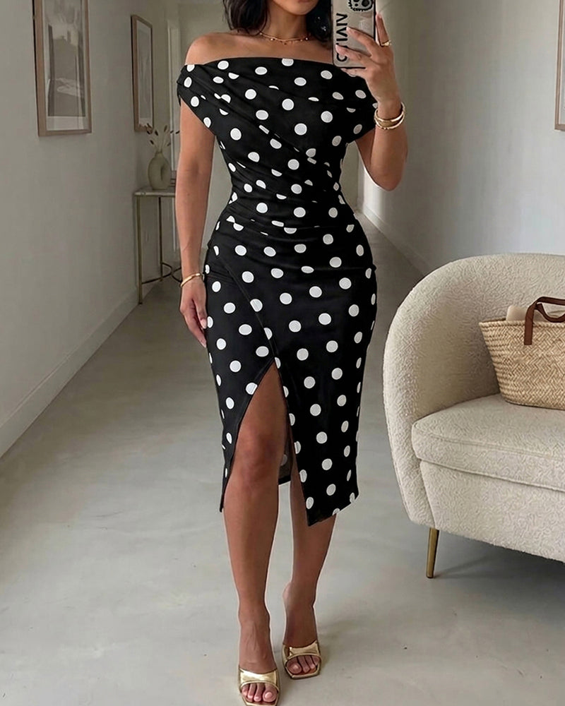 Polka Dot Print Skew Neck Ruched Mid-length Dress Elegant Wrapped Slit Dress