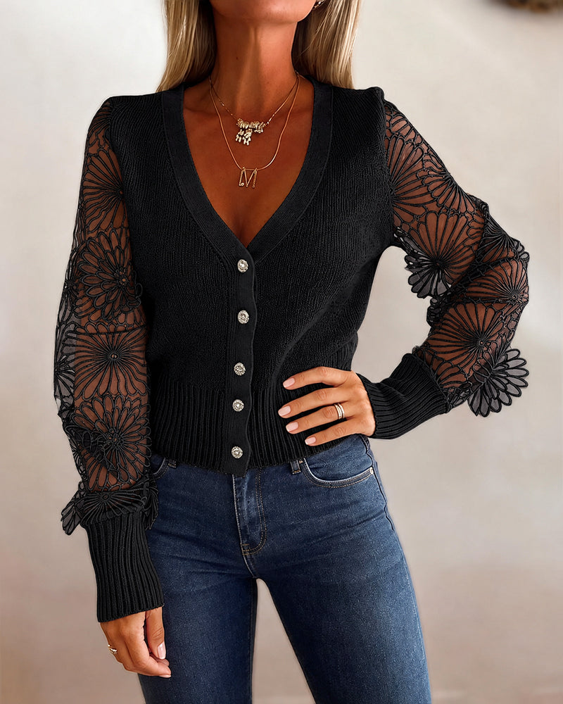 Women's Mesh Long Sleeve Cardigan Embroidered V Neck Knit Sweater Rhinestone Button Ribbed Slim Fit Casual Coat