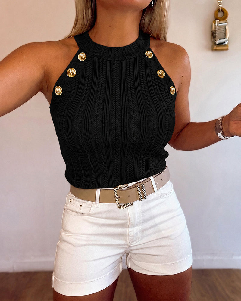 Women's Halter Neck Knit Tank Top Gold Button Cable Knit Vest Sleeveless Slim Fit Ribbed Top