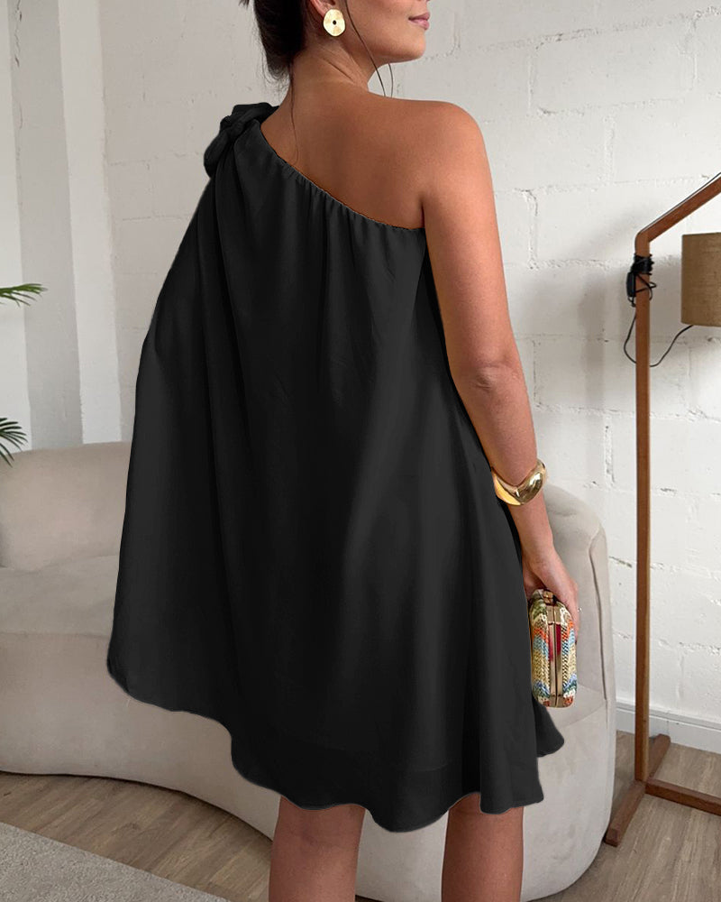 3D Flower Decor One Shoulder Sleeveless Mini Dress Casual A Line Vacation Dress