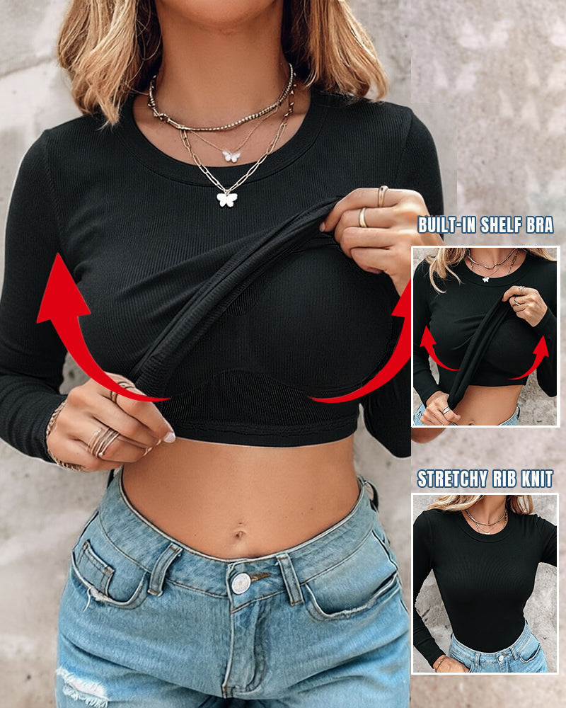Women's Crewneck Long Sleeve Ribbed Knit Top Slim Fit Base Layer Shirt Soft Stretchy Casual Tee with Built-in Bra