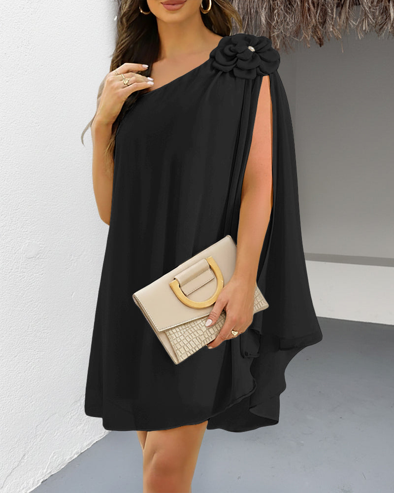 3D Flower Decor One Shoulder Sleeveless Mini Dress Casual A Line Vacation Dress