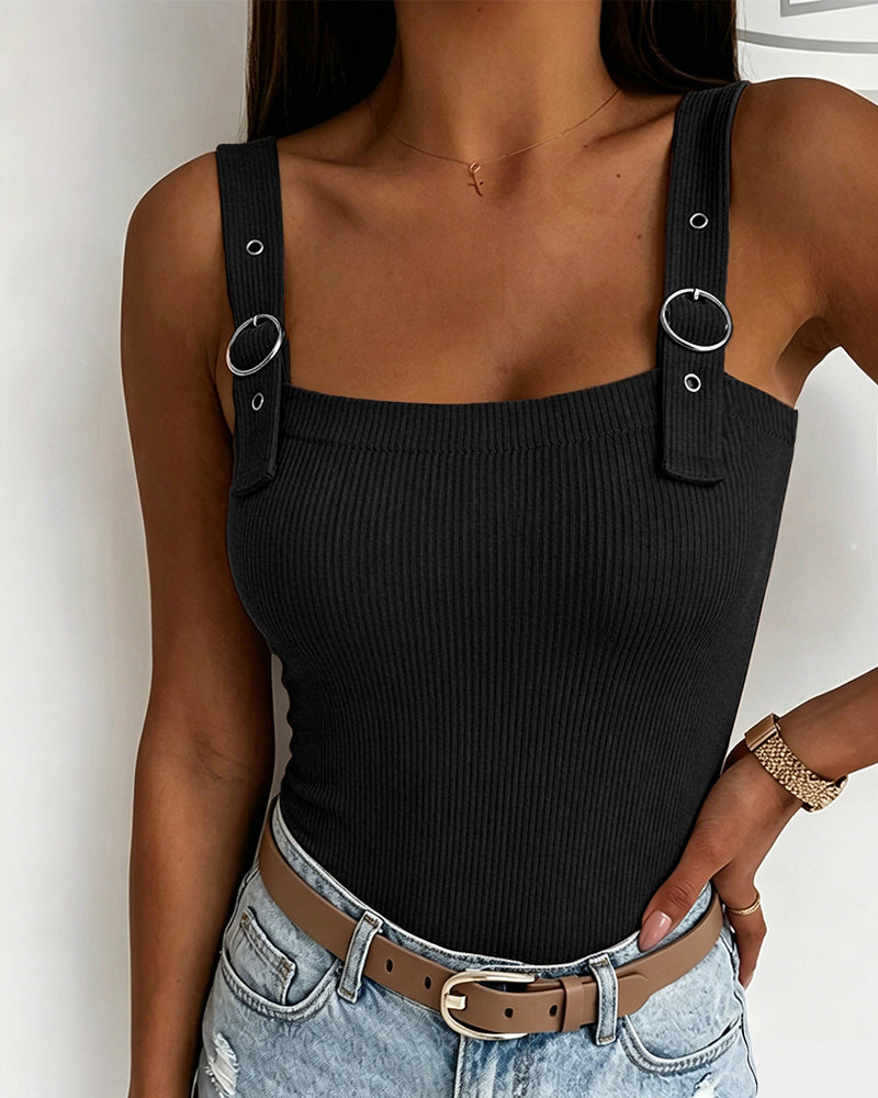Women's Ribbed Knit Tank Top Square Neck Slim Fit Cami Top Adjustable Eyelet Strap Backless Top
