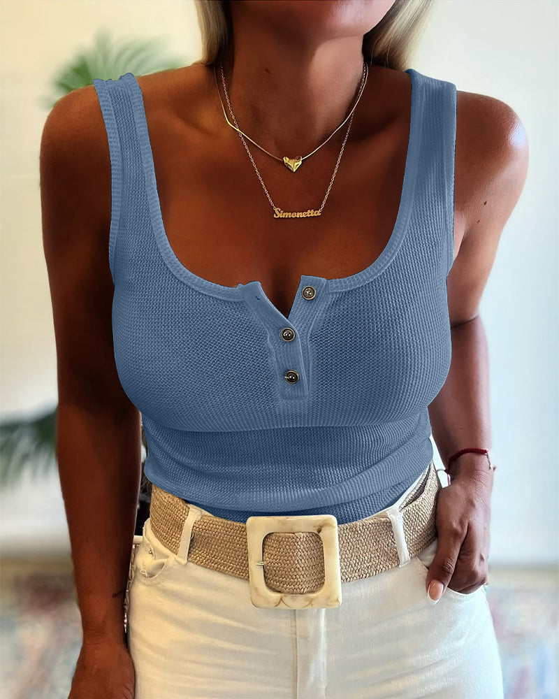 U-Neck Sleeveless Half Button Front Tank Slim Fit Backless Knit Waffle Tank Top