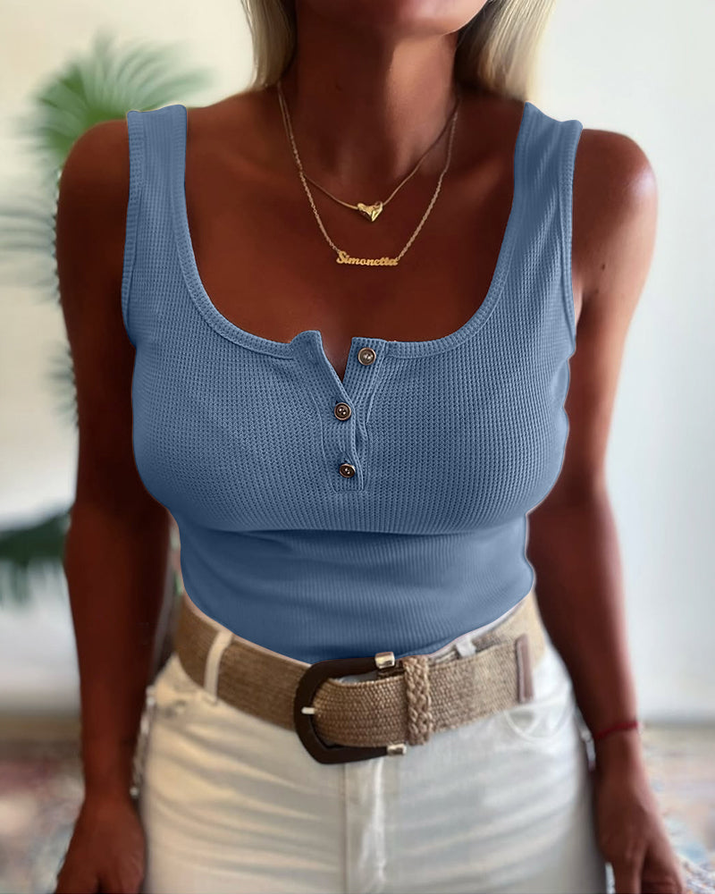 U-Neck Sleeveless Half Button Front Tank Slim Fit Backless Knit Waffle Tank Top