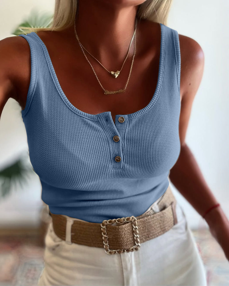 U-Neck Sleeveless Half Button Front Tank Slim Fit Backless Knit Waffle Tank Top