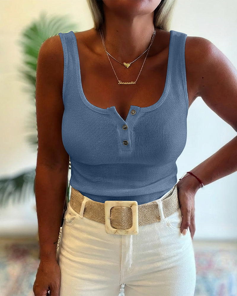 U-Neck Sleeveless Half Button Front Tank Slim Fit Backless Knit Waffle Tank Top