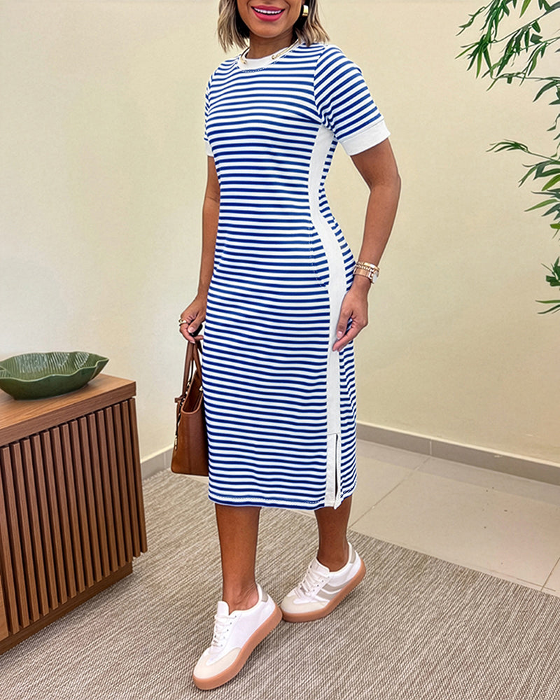 CHICME ESSENCE Women's Striped Colorblock Midi T-Shirt Dress Casual Crew Neck Waist-Cinching Slit Dress with Pockets