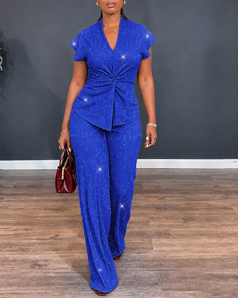 Women's Glitter Textured 2 Piece Outfits V Neck Twist Cap Sleeve Slit Top and High Waist Straight Leg Pants Set