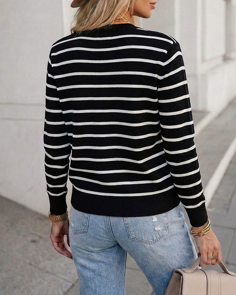 Women's Striped Knit Cardigan Casual Crewneck Button Down Sweater Vintage French Style Long Sleeve Top
