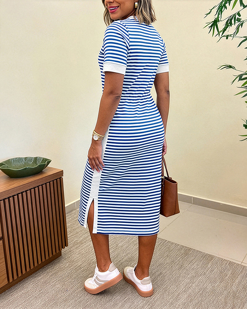 CHICME ESSENCE Women's Striped Colorblock Midi T-Shirt Dress Casual Crew Neck Waist-Cinching Slit Dress with Pockets