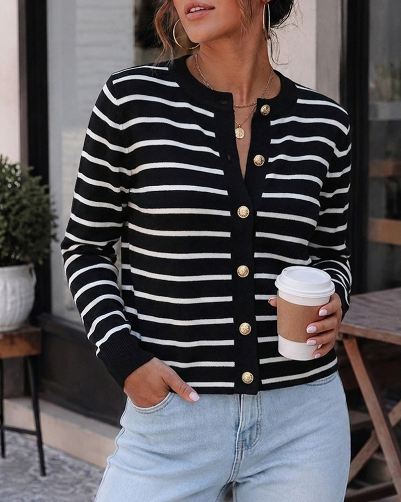 Women's Striped Knit Cardigan Casual Crewneck Button Down Sweater Vintage French Style Long Sleeve Top