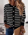 Women's Striped Knit Cardigan Casual Crewneck Button Down Sweater Vintage French Style Long Sleeve Top