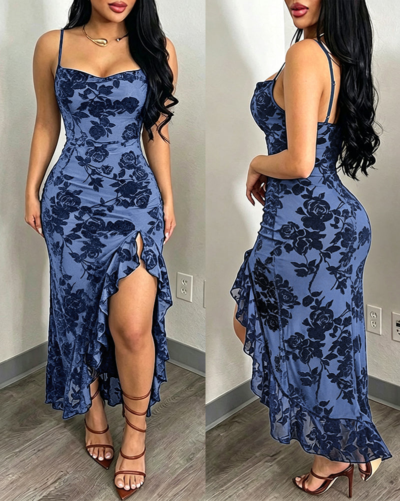 Women's Vintage Flocking Floral Maxi Dress Sexy Cowl Neck Cami Dress High Slit Backless Bodycon Evening Gown