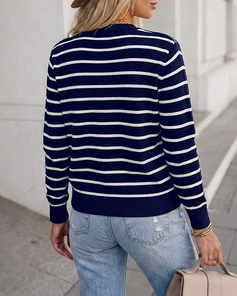 Women's Striped Knit Cardigan Casual Crewneck Button Down Sweater Vintage French Style Long Sleeve Top