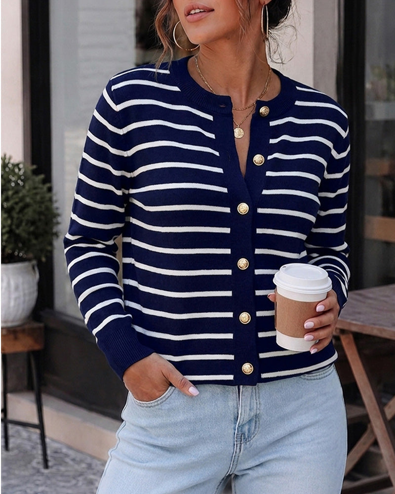 Women's Striped Knit Cardigan Casual Crewneck Button Down Sweater Vintage French Style Long Sleeve Top